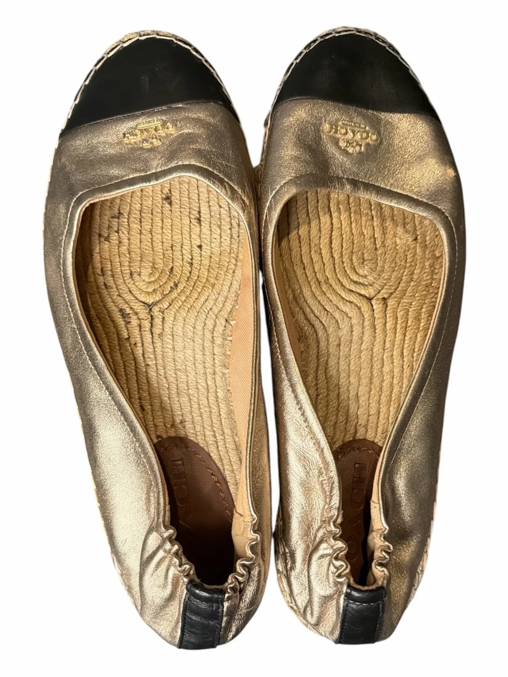 Coach Gold & Black Leather Cap Toe Espadrille Ballet Flats Women’s Size 10B